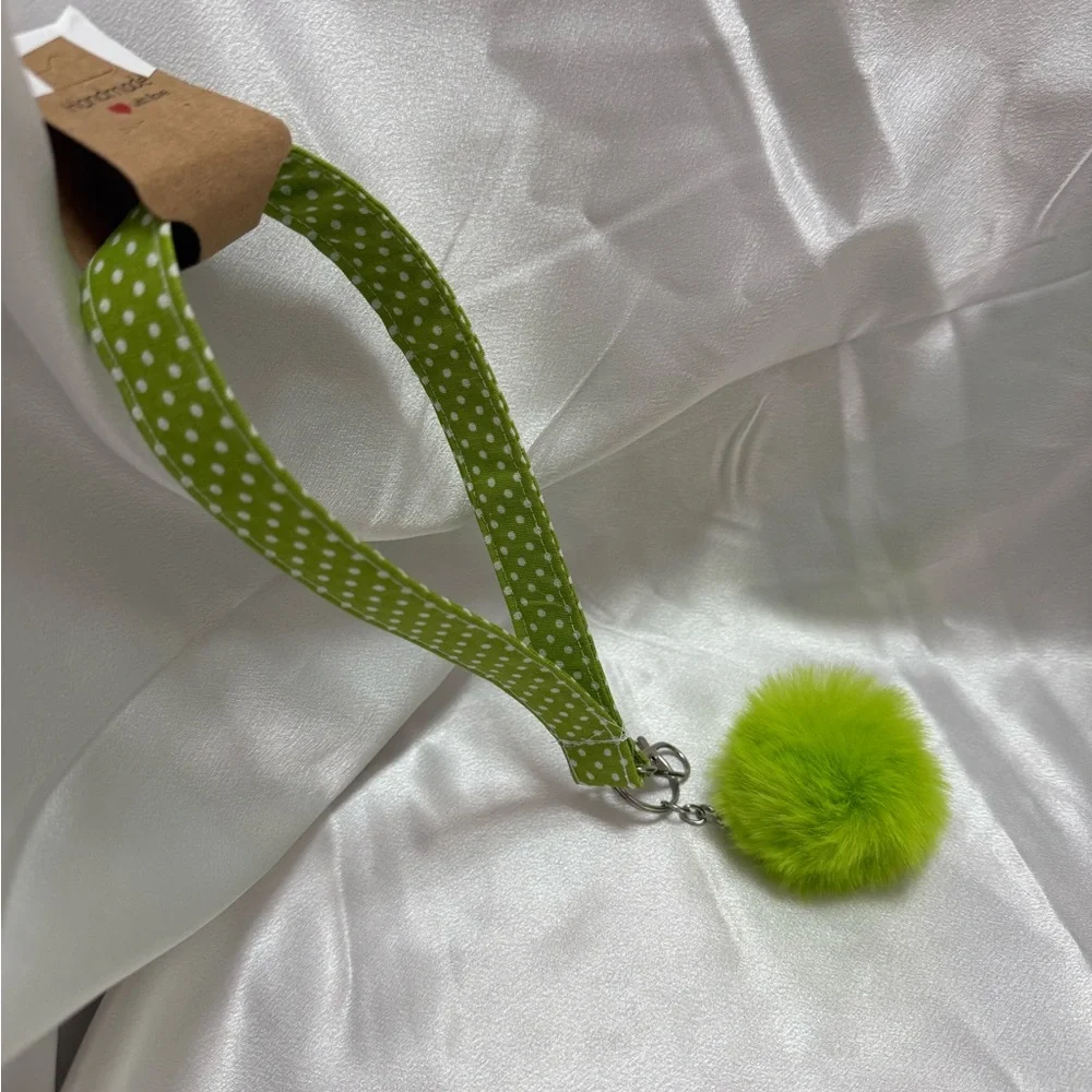 Handmade Green and White Polka Dot Wristlet Keychain with Green Pompom